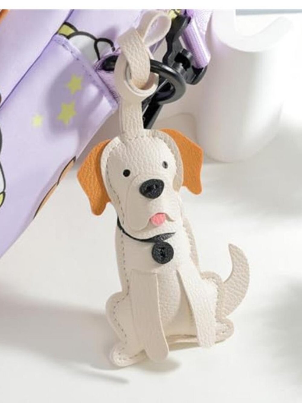 White Brown Dog Bag Charm Keychain Cute Purse Handbag Accessory